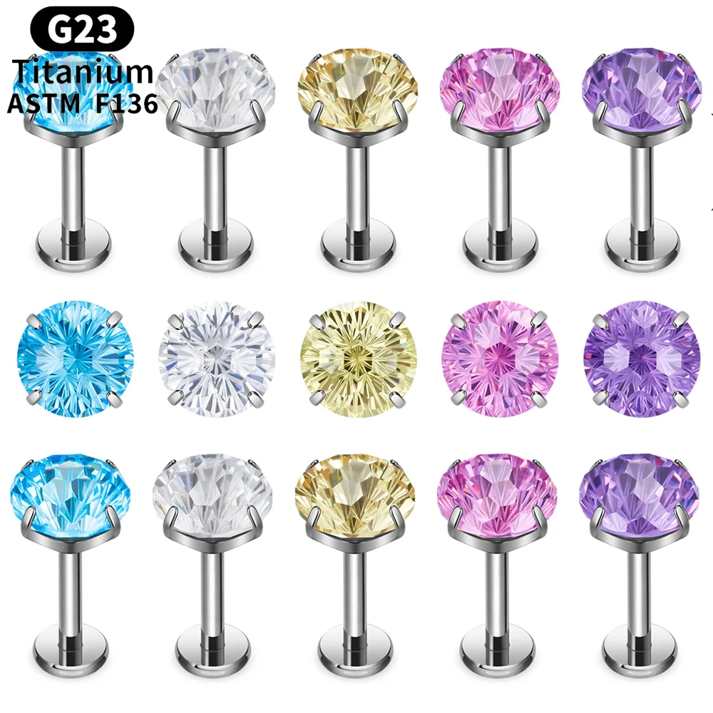 F136 Titanium Piercing Ear Lip Studs Fireworks Zircon CZ Top Labret Nose Stud Cartilage Tragus Threaded Earrings Body Jewelry