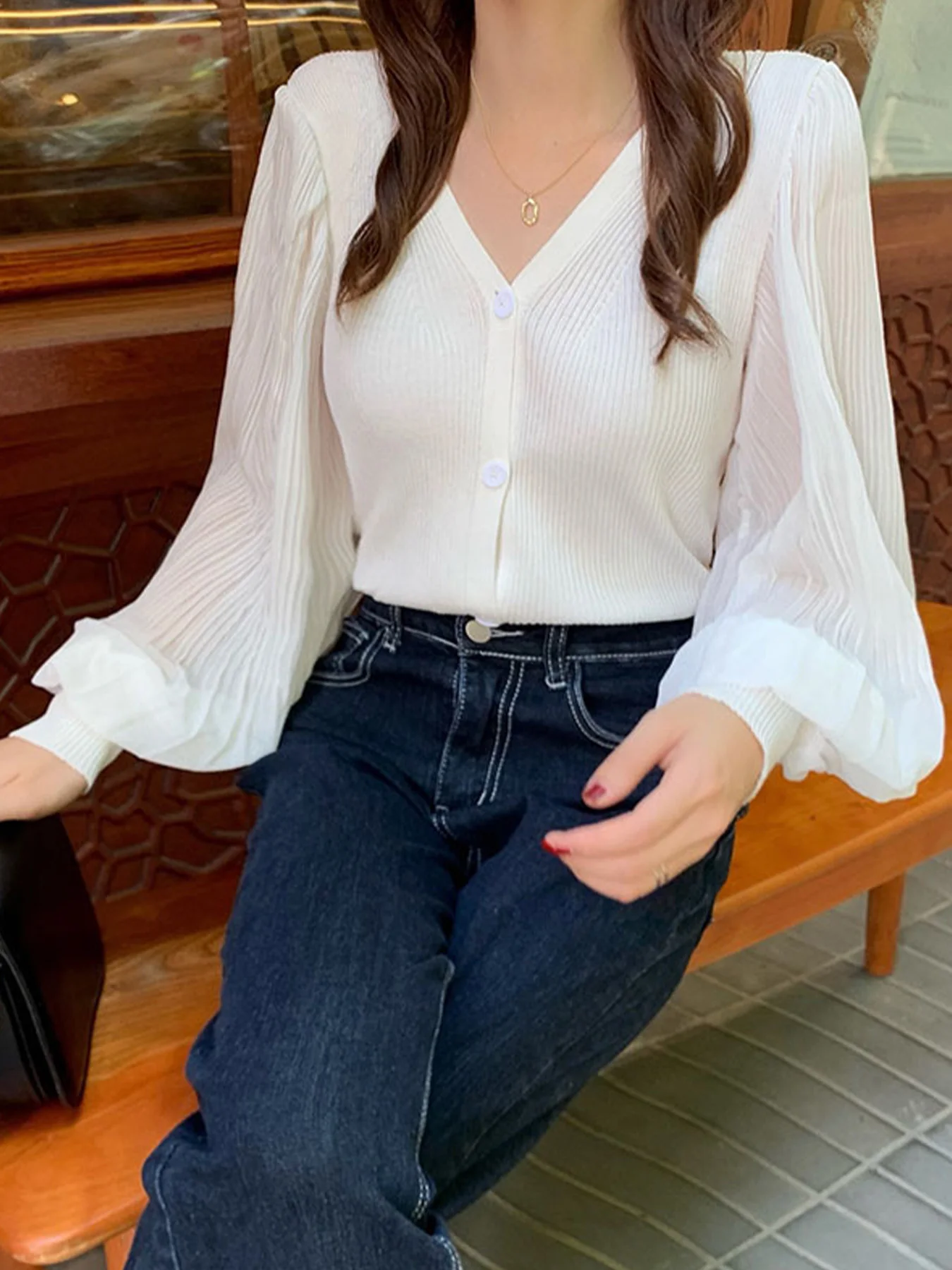 

Spring Autumn Women's V Neck Long Lantern Sleeve Button Slim Solid Color Knitted Sweater Cardigan Tops
