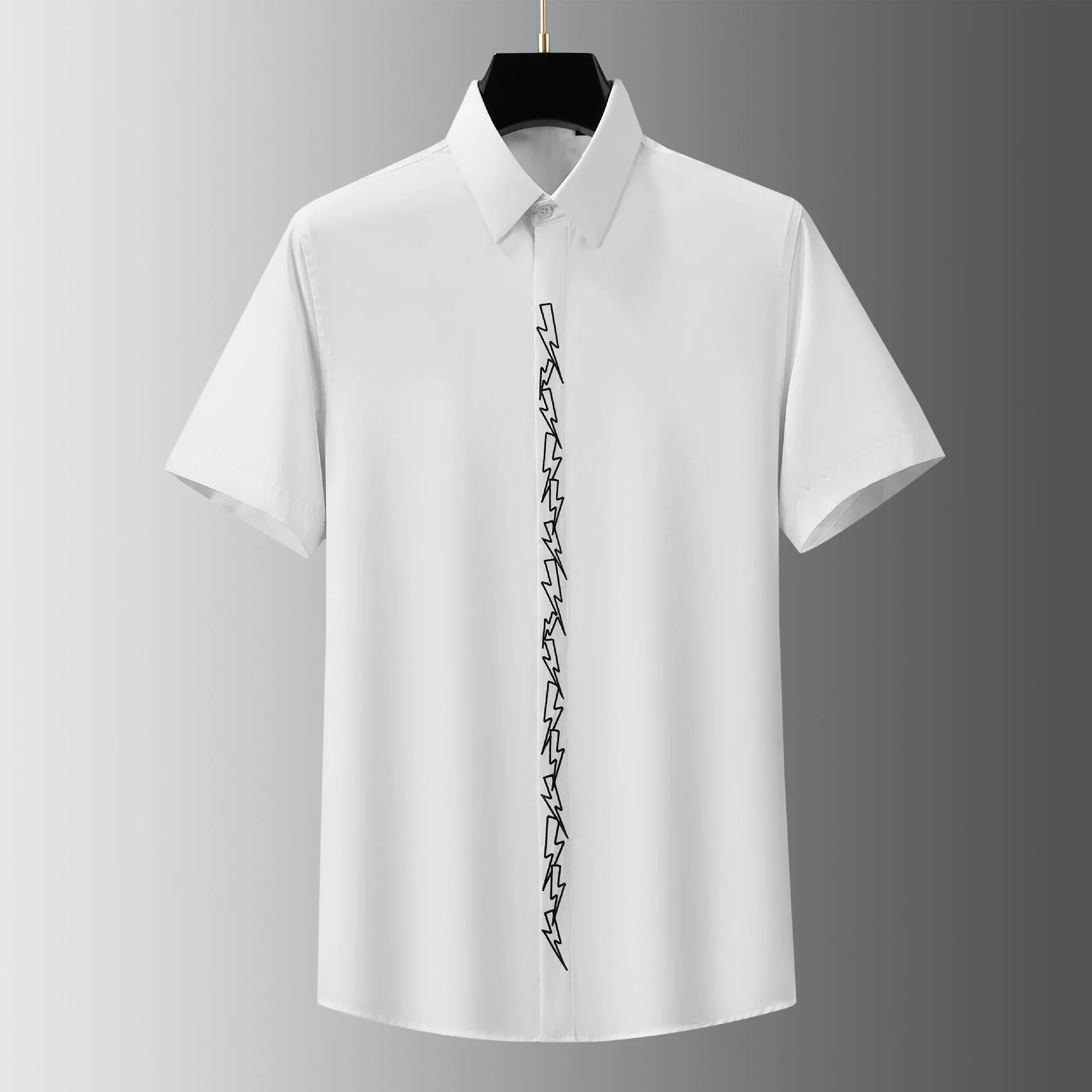 Luxury Lightning Embroidered Shirt for Men Summer Short Sleeve Slim Fit Casual Business Dress Shirts Social Party Tuxedo Blouse