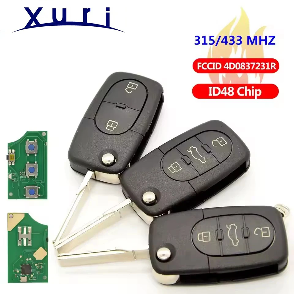 Xuri Smart Remote Car Key For Audi A3 A4 A6 A8 B6 ID48 Chip 433 Mhz FCCID 4D0837231R Auto Smart Remote Control Replace Key