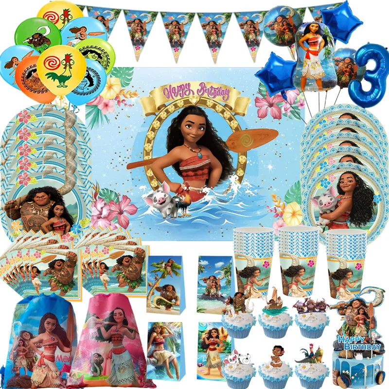 

Moana Theme Cartoon Party Tableware Set Cup Balloon Plate Napkin Candy Box Banner Flag Kid's Birthday Party Decorations Supplies