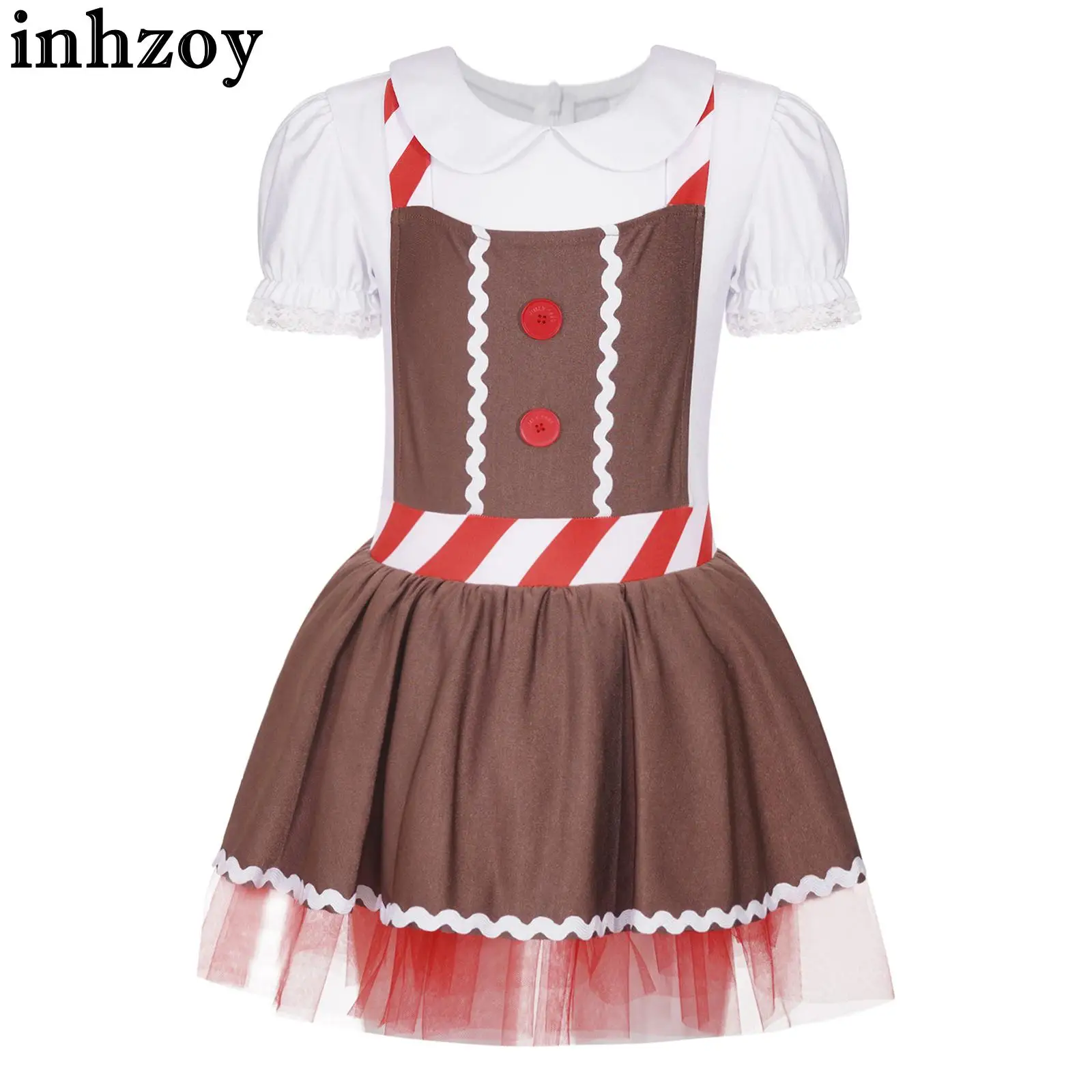 

Kids Girl Christmas Gingerbread Costume Halloween Party Xmas Cookie Cosplay Apron Striped Ballet Tutu Dress Leotard Dancewear