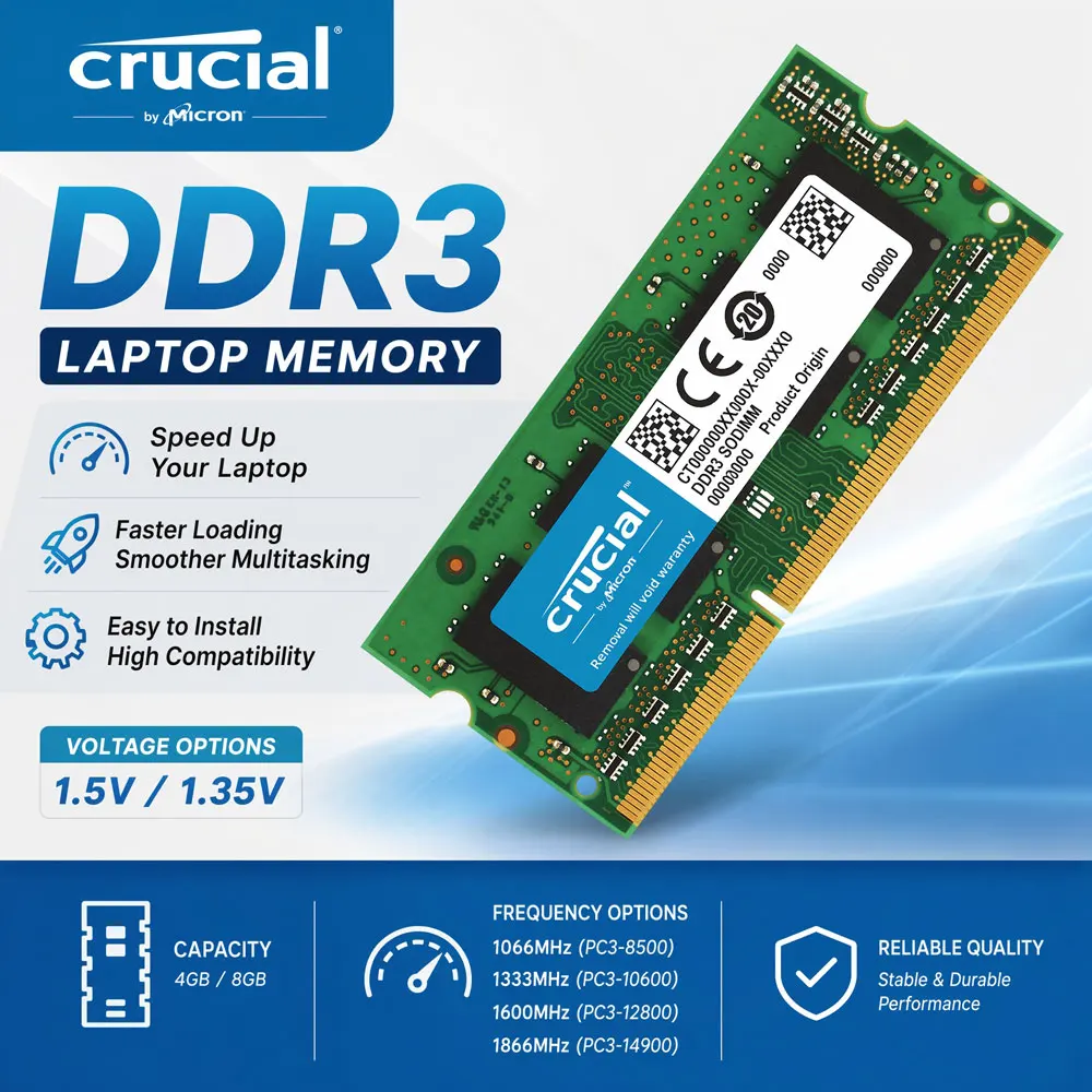 Crucial Memory Laptop RAM DDR3 DDR3L 8GB 4GB 1333 1866 1600MHz SODIMM PC3-10600 PC3L-12800 PC3L-14900 1.35V/1.5V Notebook RAMs