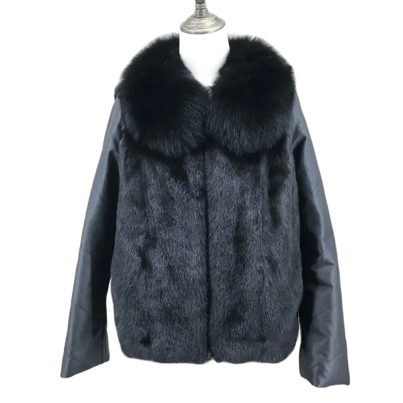 Natural Mink Fur Full Pelt Jacket with Fox Fur Collar, Sheep Leather Down Coat, Thick, Warm, Autumn, Winter, Casual, On Sale