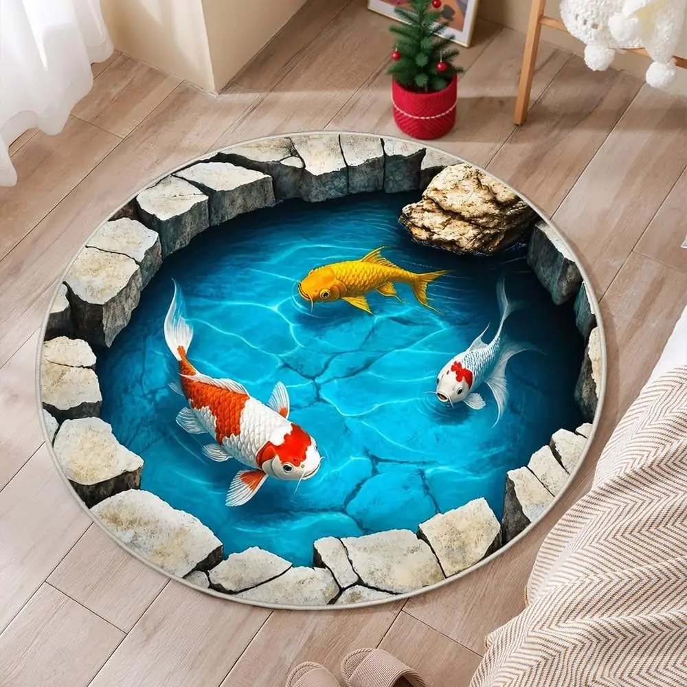 Decorative Round Underwater Aquarium Mat Polyester Rug Home Decor Accent Carpet Fish Scene Living Room Bathroom Area