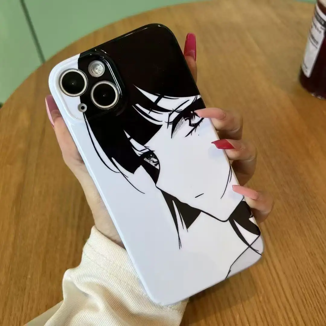 Japanese Anime Cartoon Girl Cool black white phone Case for iPhone 11 12 13 14 15 16 17 Pro Max Plus XS X XR Anti-Fall Cover