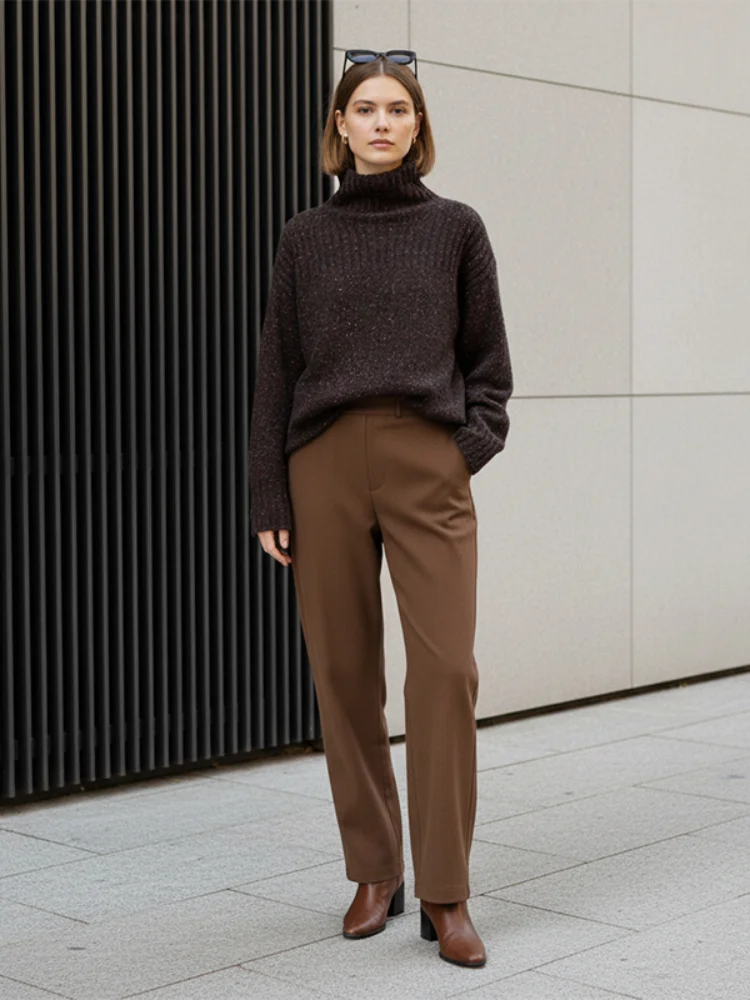 

Женский коричневый вязаный пуловер с высоким воротником, повседневный однотонный свободный пуловер с длинными рукавами, теплые короткие теплые пуловеры, уличная верхняя одежда