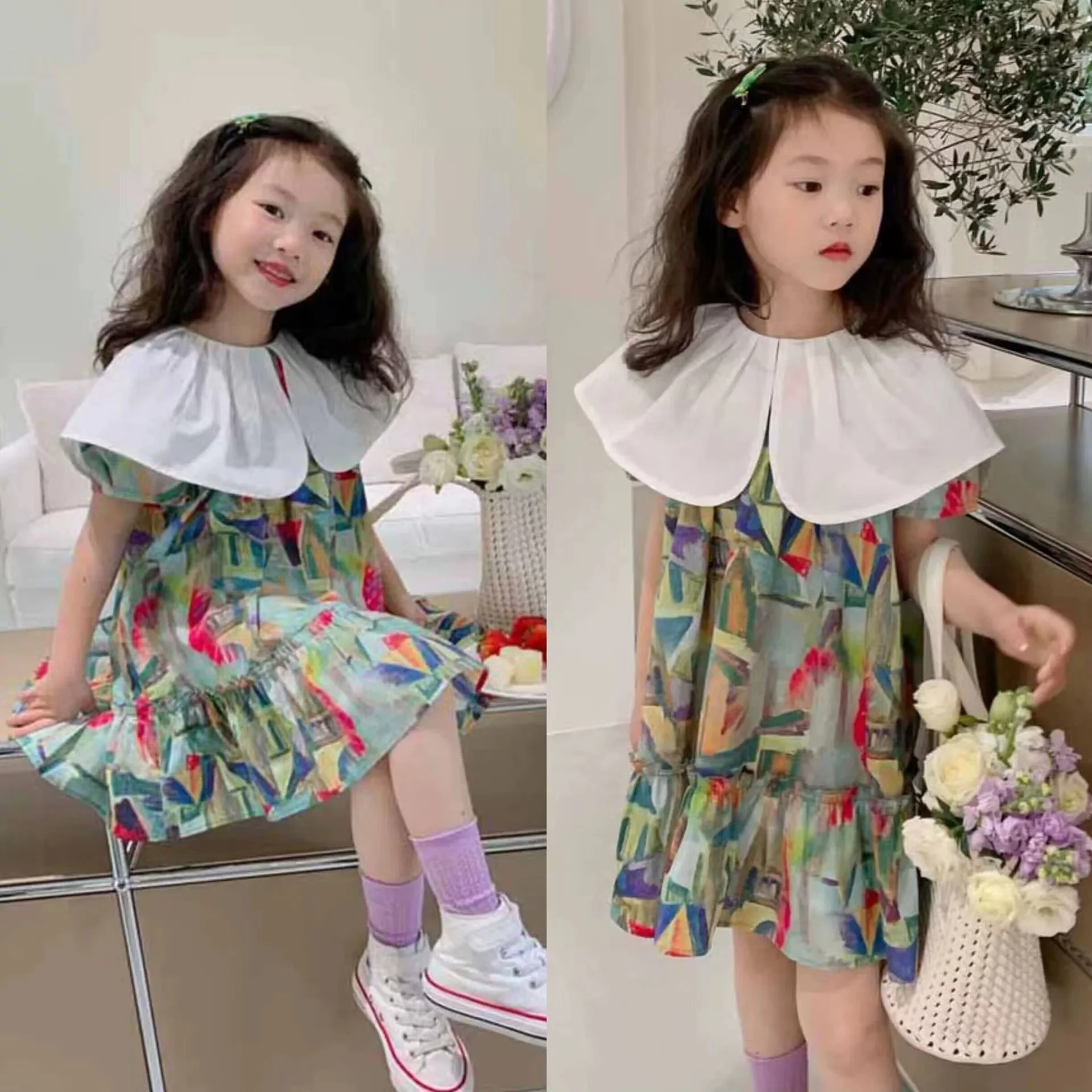 

Girls' Dresses Summer New Ink Painting Ruffle Collar Bubble Sleeve Dresses Children'S Dresses