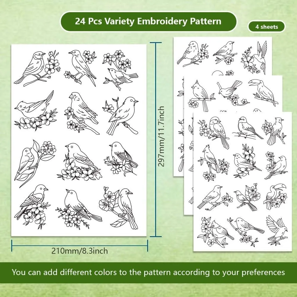 4 Sheets 48pcs Water Soluble Embroidery Patterns Hand Sewing Stabilizer Embroidery Stickers Birds Theme Water Soluble Stabilizer
