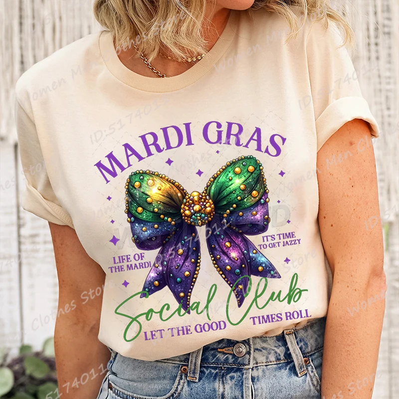 

Cute Mardi Gras Social Club Graphic T-Shirts For Women Short Sleeve Round Neck Tee Shirts Casual Summer Solid Color T Shirt Tops