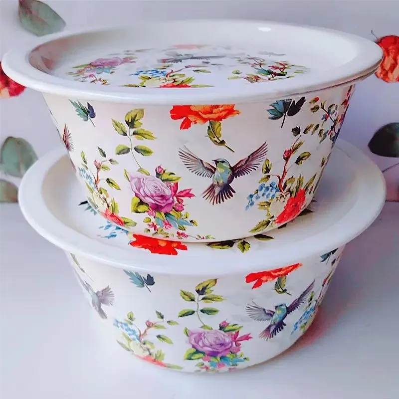 Floral Pattern Extra Thick Enamel Bowl with Lid Lard Bowl Fresh-keeping Bowl Nostalgic Hand Washing Bowls Soup Bowls Soup Pot