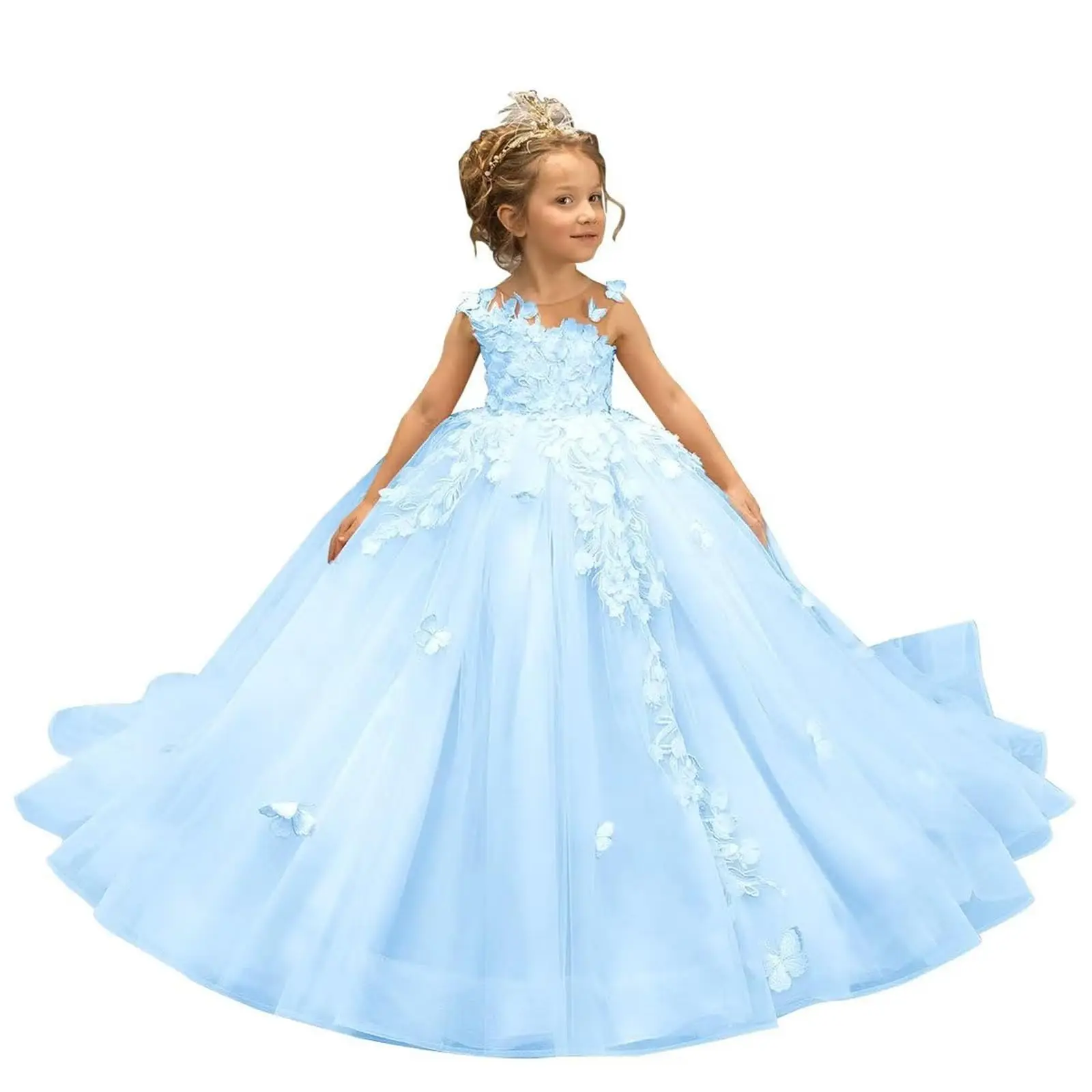 Vestidos Flower Girl rosa para festa e casamento, vestido de tule, borboleta 3D, concurso, apliques de aniversário, primeira comunhão, baile