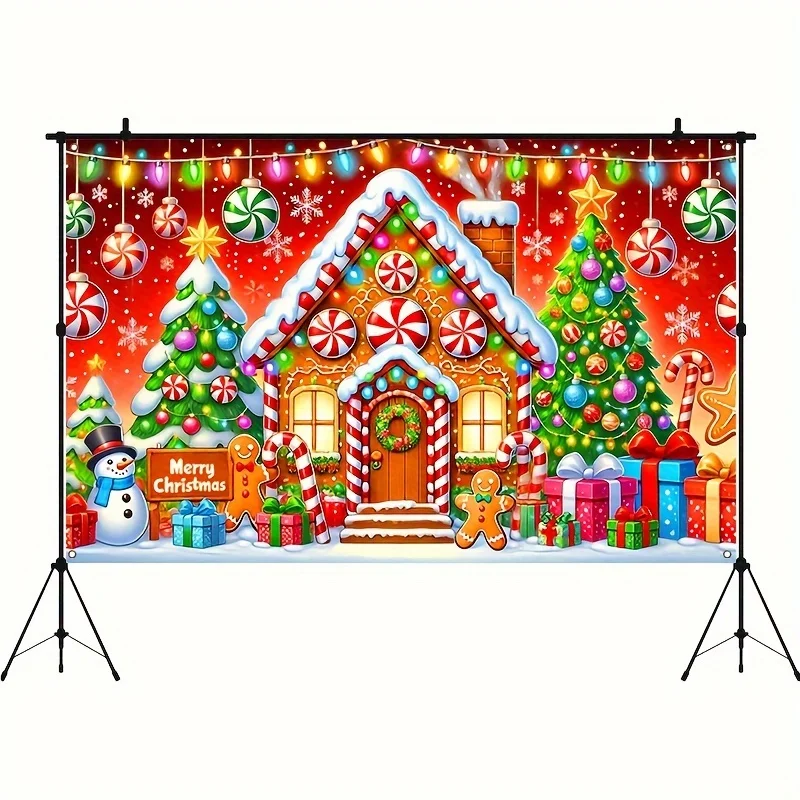 1 multi-purpose Christmas gingerbread house background - candy and trees, party decorations, event and garden decorations