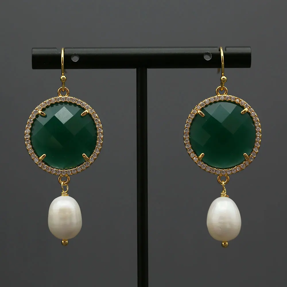 Boucles d'oreilles crochet pendantes pour dames, perle d'eau douce naturelle, perle de riz blanche, perle verte, diversifier, pièce de monnaie pavée CZ, cadeaux simples, 227