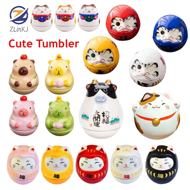 Mini Ceramic Daruma Statue Figurines Japanese Groceries Tumbler Lucky Cat Ornaments Landscape Home Decor Crafts Small Gifts