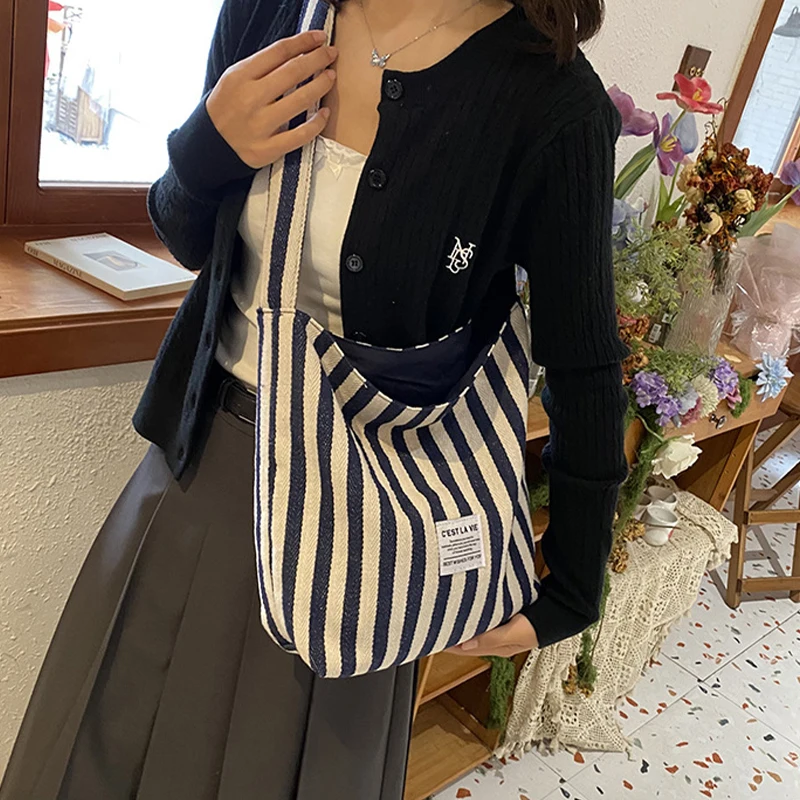 Korean Simple Striped Canvas Tote Bag Casual Large Capacity Double-sided Shoulder Bag image 3
