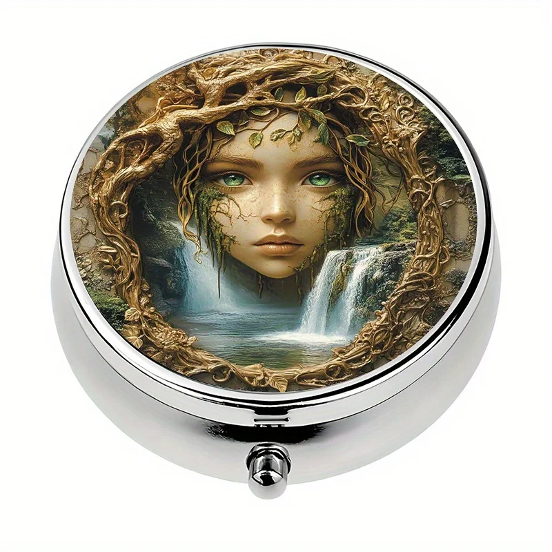 Single pack, portable travel pill box, with 3 compartments and forest elf pill box decoration, for personal medication storage, ideal for travel and storing vitamins