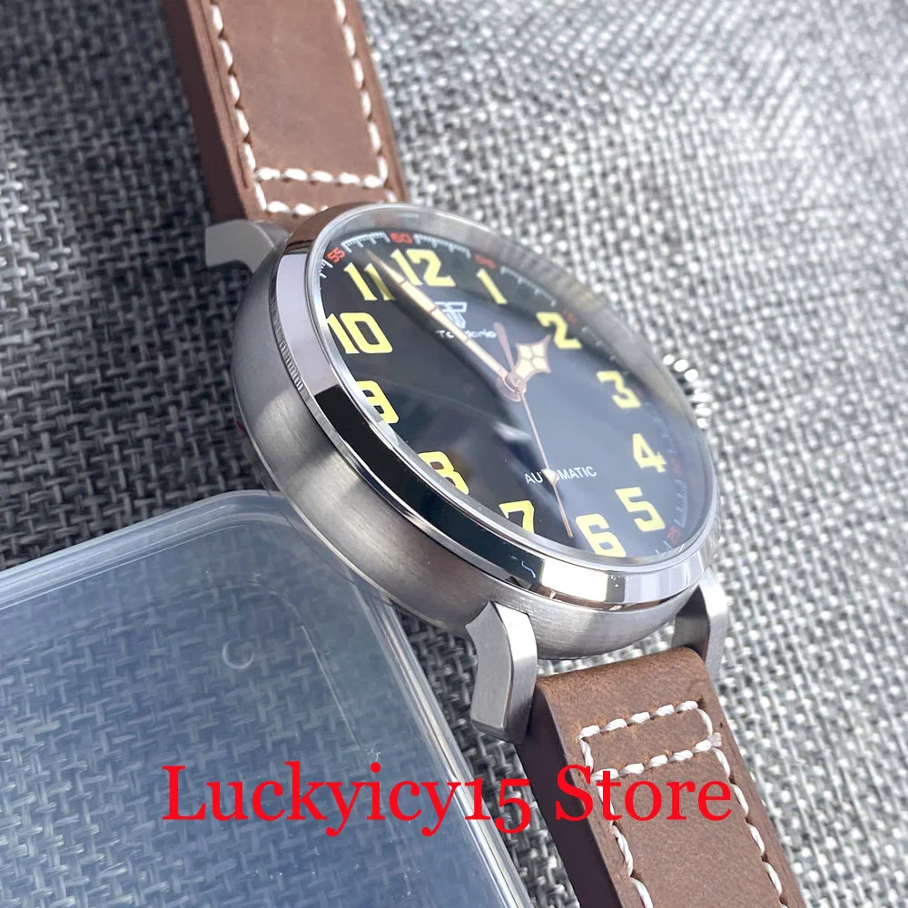 46.5MM Big Watch Case 20ATM Waterproof NH35 PT5000 Movement Watch SelfWinding For Men\'s Leather Strap Black Dial Luminous