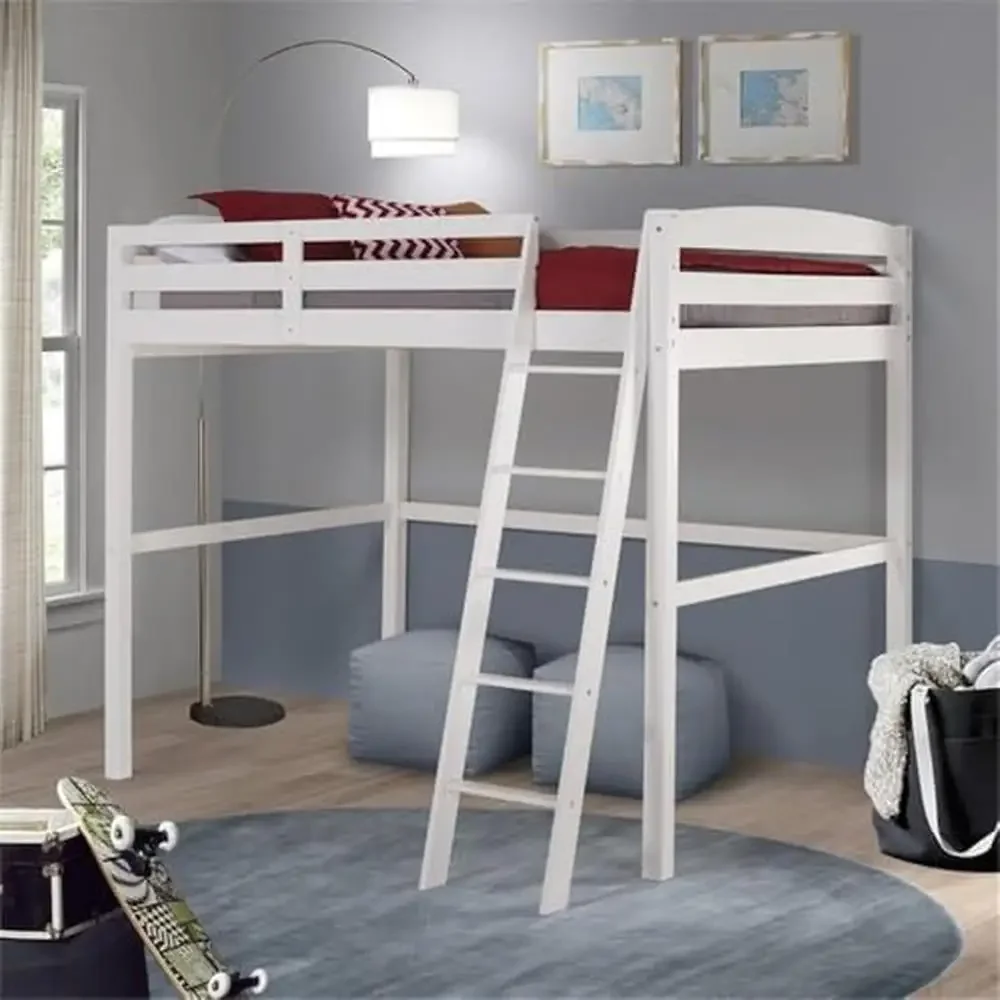 Eco-Friendly Solid Pine Wood High Loft Bed Full Size 600lb Weight Limit Safety Guard Rails Left or Right Ladder Placement