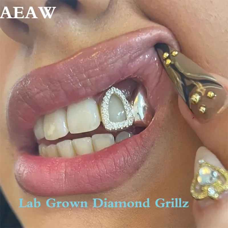 Custom Double Tooth & Double Single Hip-hop Caps Grillz Lab Grown Diamond UNISEX With Iced Out Diamond Window 925 Silver