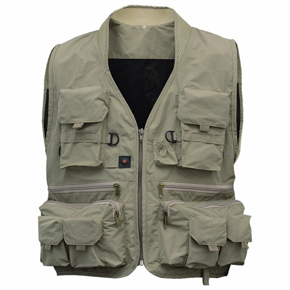 Men's Outdoor Multi Pockets Fly Fishing Vest OUTER Wear Polyester Safari Style Spring V-neck Short 100% Polyester Shell