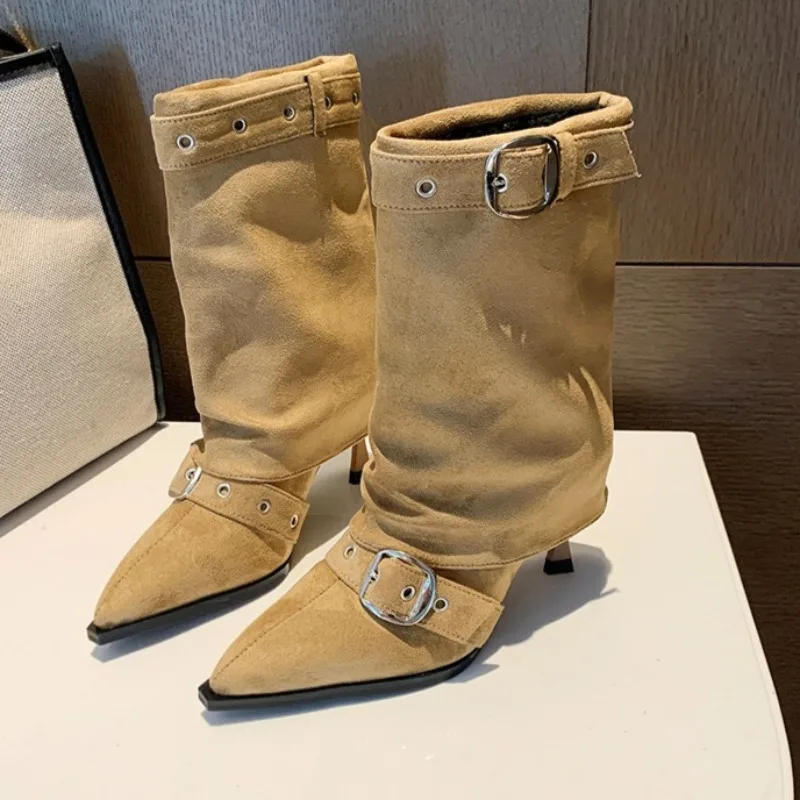 

Pointed Toe Sleeve Suede Sleeve Metal Buckle Non-Slip Mid-Slip Boots Fashion Four Seasons Slim Heel Single Boots