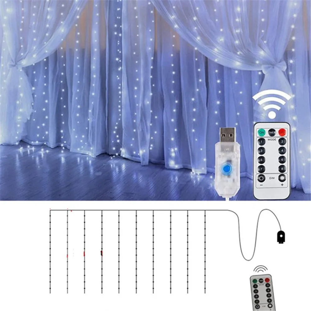 

USB Curtain Light Outdoor Christmas Wedding Party New Year 2025 DIY Decoration 8 Mode LED Fairy String Lamp Garden Holiday Light