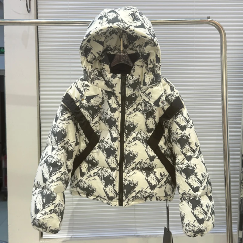 

Winter Printing Patchwork Short Hooded Down Jacket Female Drawstring Zipper Jackets Women White Duck Down Warm Parker Outwears