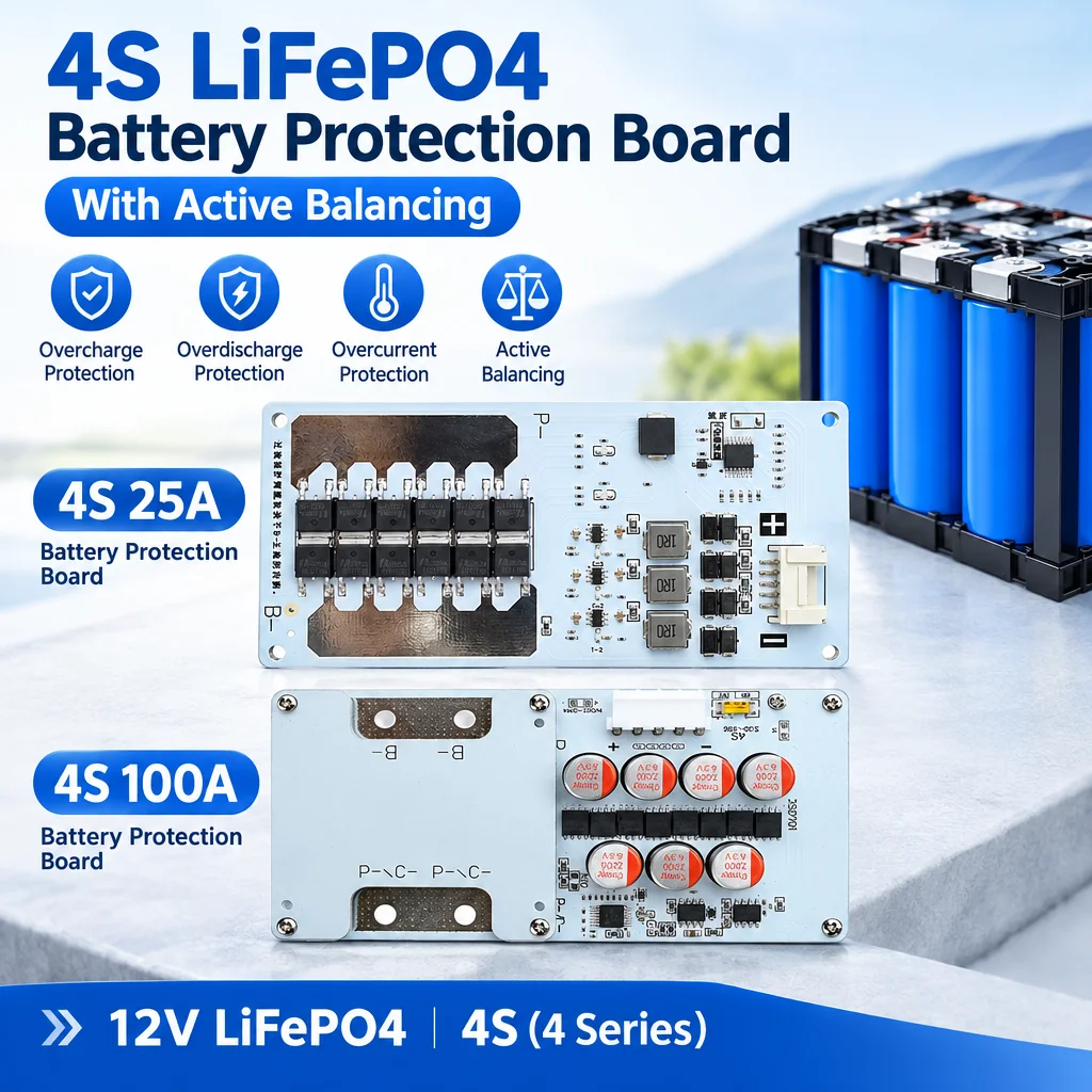 4S 12V Lithium Iron Phosphate BMS 25A/100A  Continuous 300A Instant Peak Active Balancer For Motorcycle Starter Battery