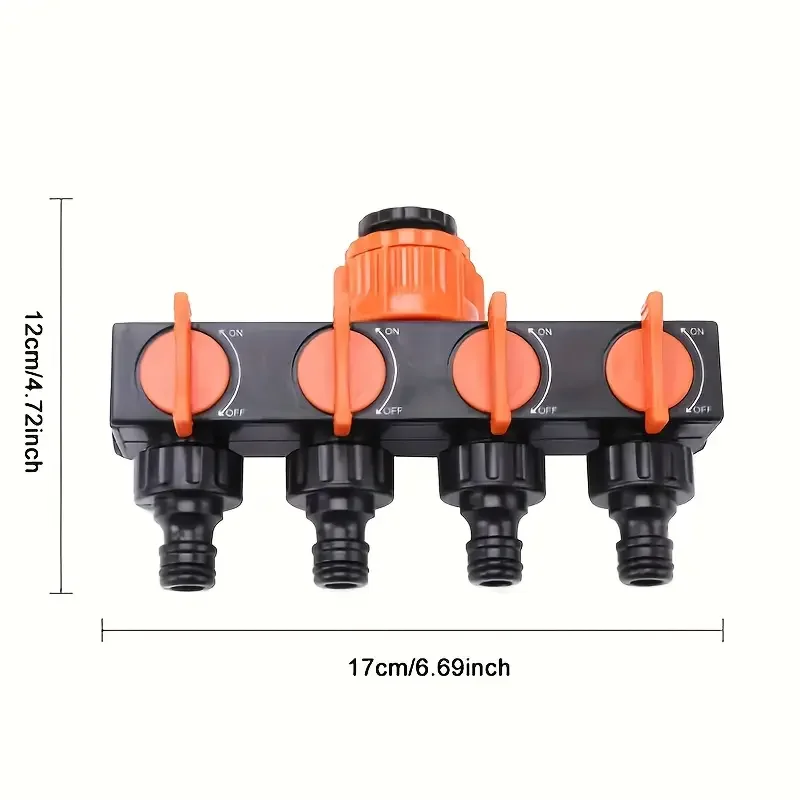 4-way garden hose splitter with 4 independent switches-faucet connector for outdoor watering system, leak-proof design