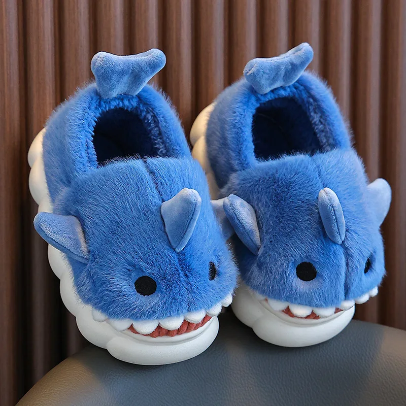 Anime Kawaii Shark Bag Shoes para crianças, chinelos de algodão para meninos e meninas, sola grossa, casa pai-filho, interior, outono, inverno