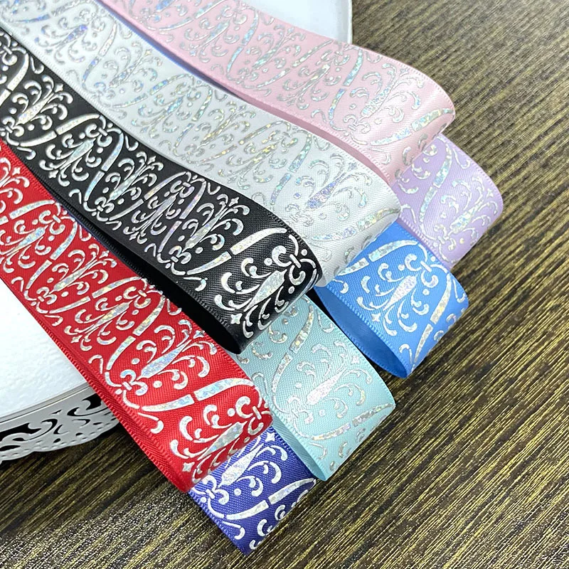 25mm Hologram Silver Foil Baroque Damask Satin Ribbon 50 Yards/Roll for Gift Wrapping DIY Craft Custom Print Welcome