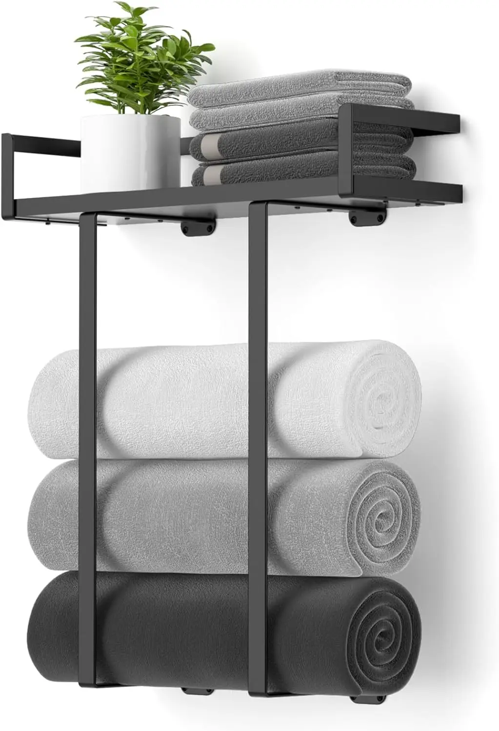 

Towel Racks for Bathroom Wall Mounted, Metal Towel Holder with Wooden Shelf for Folding Large Towels, Towel Storage for Sm