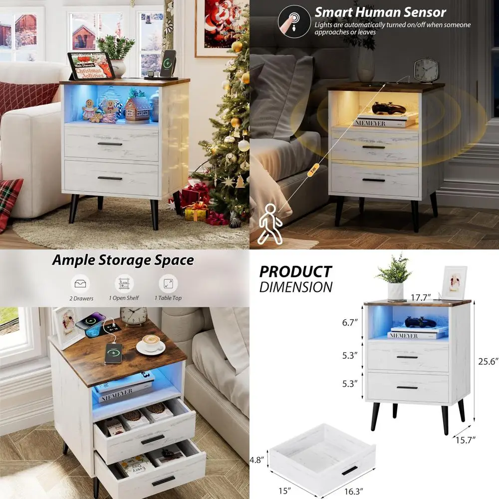 

LED Nightstand with Charging Station, 25.6H x 17.7W x 15.7D Wooden Table, 2 Drawers, Ideal for Dorms and Apartments, Antique Whi