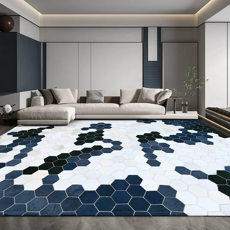 

Creative Blue Genuine Cowhide Carpet For Living Room Manual Splicing Bedroom Rug Customizable Size Sofa Table Floor Mat Piano