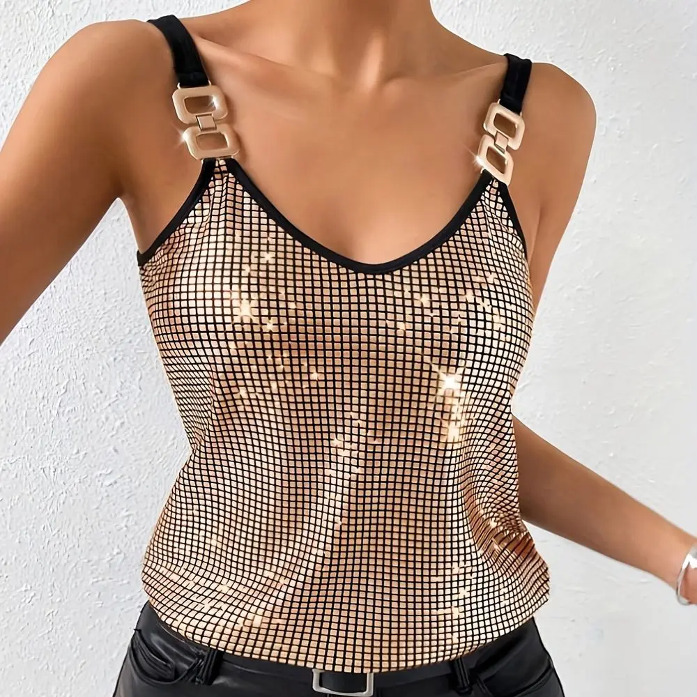 

Elegant Sequined Vest Sleeveless Slimming Tees T-Shirt Cropped Top Women