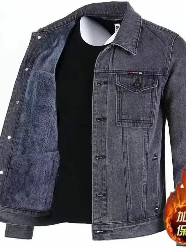 

Men's Faionable Fce Lined Thiened Loose Winter Denim Jaet Mid-aged Multi-ket Versatile Trendy Quali Outerwear
