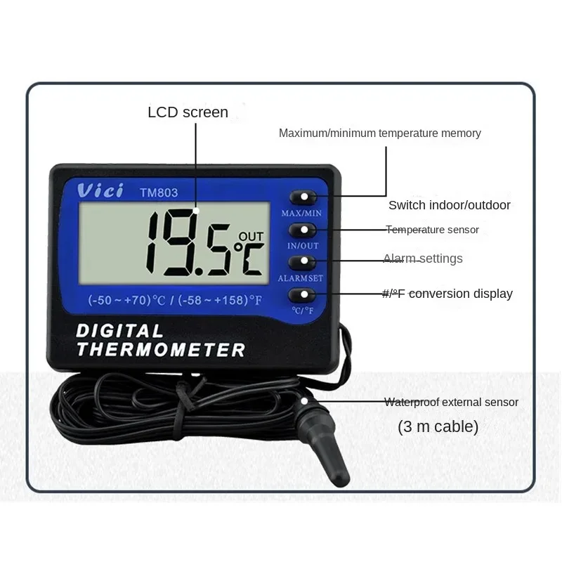 Vici TM803 Digital LCD Display Thermometer Refrigerator Freezer Aquarium Medicine Box Temperature Sensor Meter Alarm Thermograph