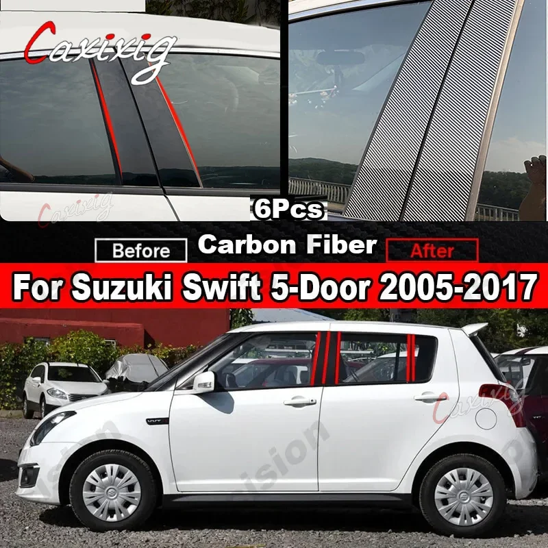 Glossy Black Carbon Fiber Car Window Door Column BC Pillar Post Cover Trim PC Material Sticker For Suzuki Swift 5-Door 2005-2016