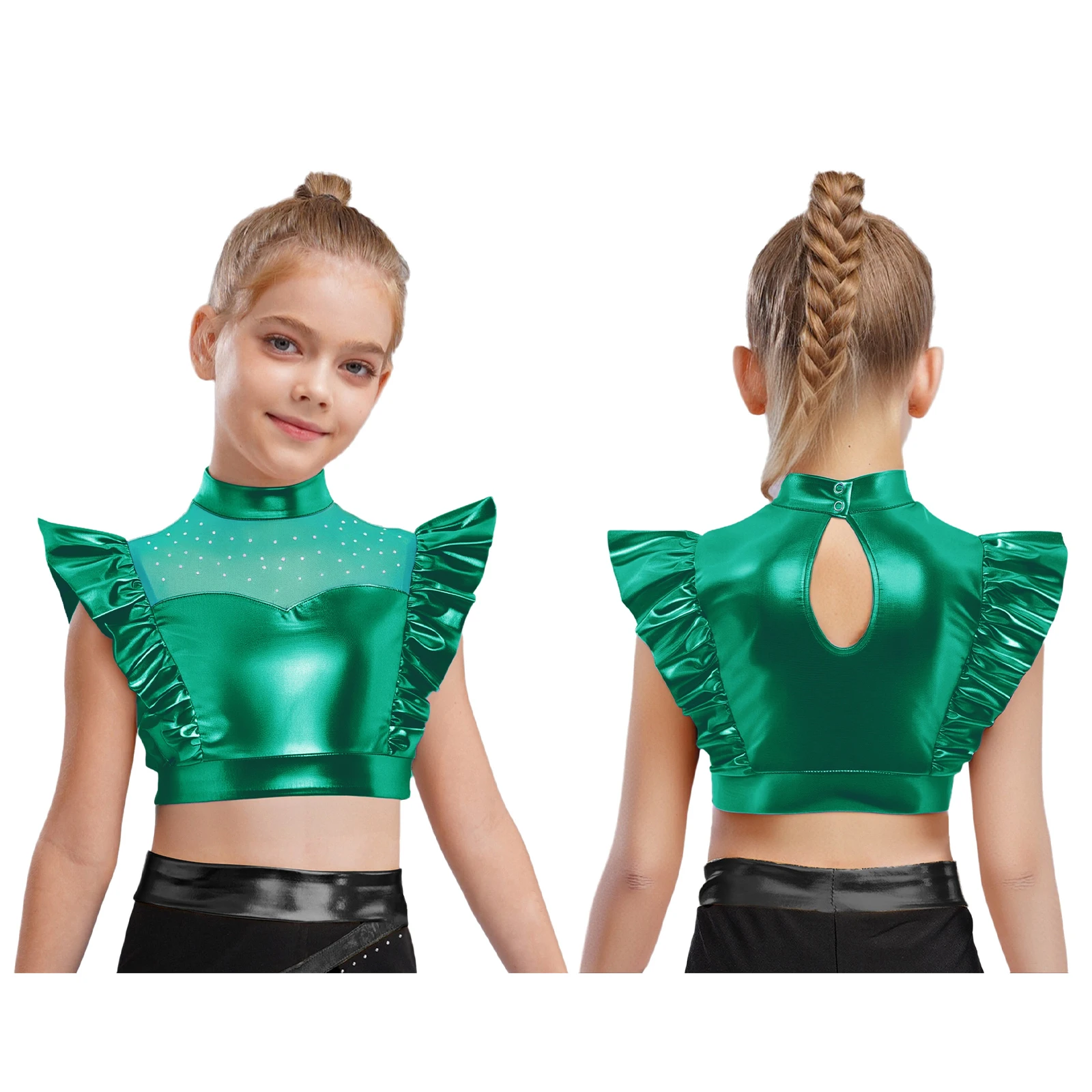 

Girls Jazz Shiny Ruffle Crop Tops Metallic Tank Tops Patchwork Rhinestone Sleeveless Press Buttons Keyhole Back Dance Shirts