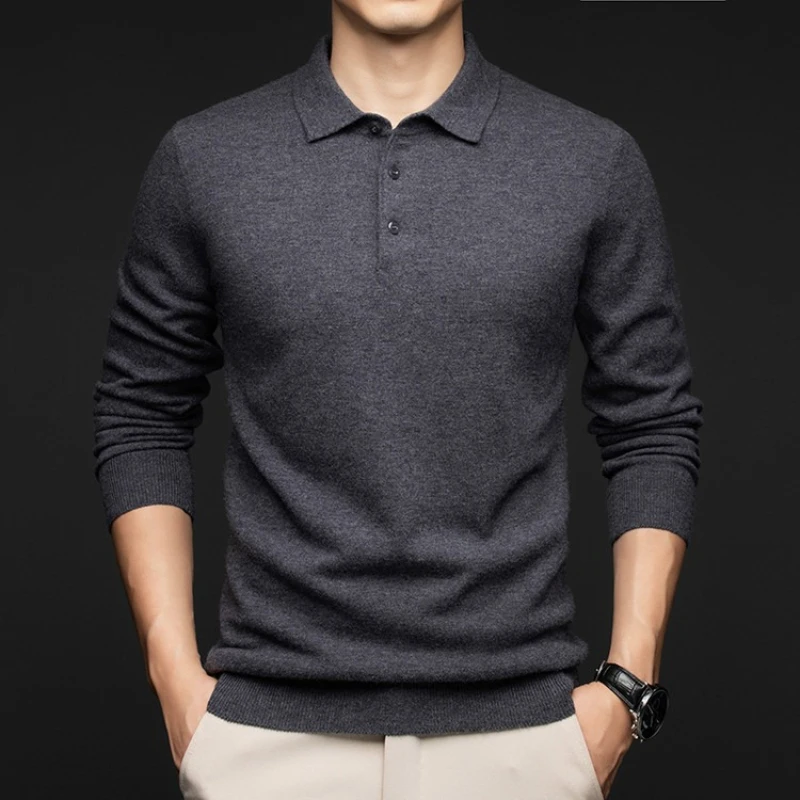 سترة صوف ميرينو أسترالية 100%، سميكة 360 جرام مضادة للبيلينغ، بلوفر ذهبي عالي الجودة بياقة بولو #6