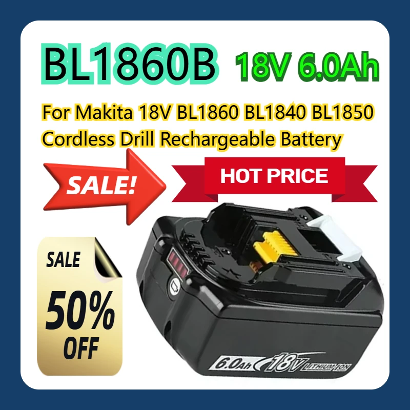 

For Makita 18V BL1860 BL1840 BL1850 Cordless Drill Rechargeable Battery BL1860B 18V 6.0Ah Battery
