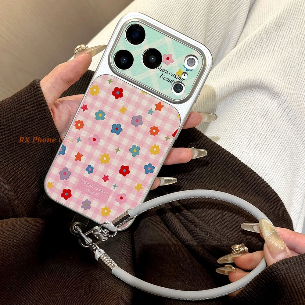 Chequered And Floral Prints Phone Case For iPhone 18 Pro 17 Pro Max 15 16 Pro Max 14 13 12 11 Faux Leather Cover With Lanyard view 3