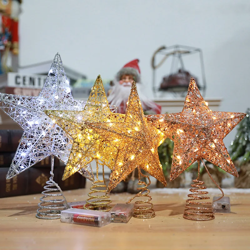 Iron Glitter Powder Christmas Tree Topper Star with LED Copper Wire Lights Merry Christmas Tree Decor for Home Navidad Ornaments