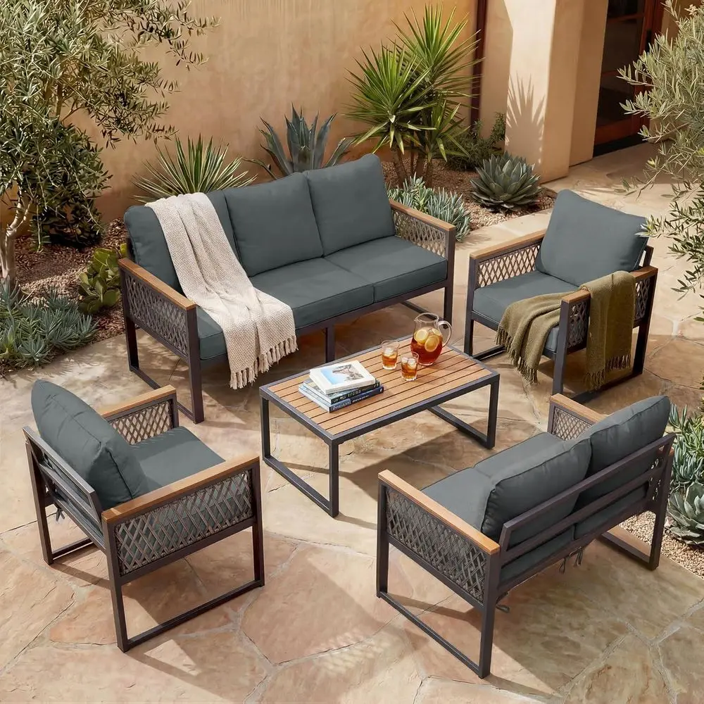 

Gray 7-Seat Metal Outdoor Sectional Patio Furniture Set with Loveseat, 3-Seat Sofa, 2 Chairs, Coffee Table