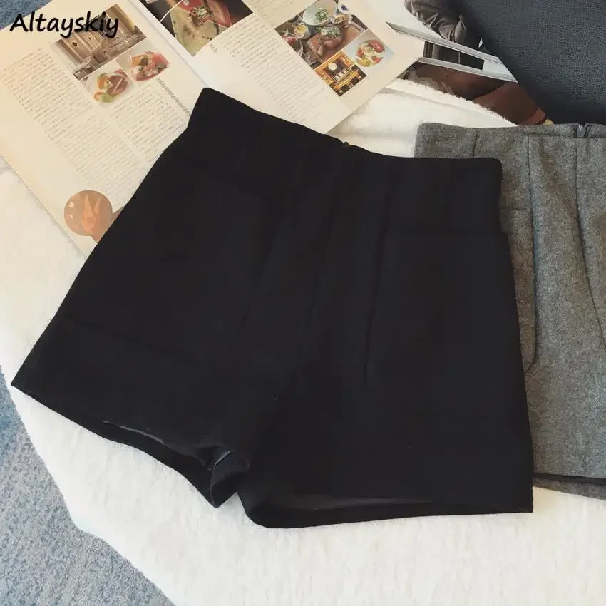 S-6XL Woolen Shorts Women Pure High Waist Winter Designed Basic Leisure Gentle Office Lady Tempera Street Pockets All-match OOTD