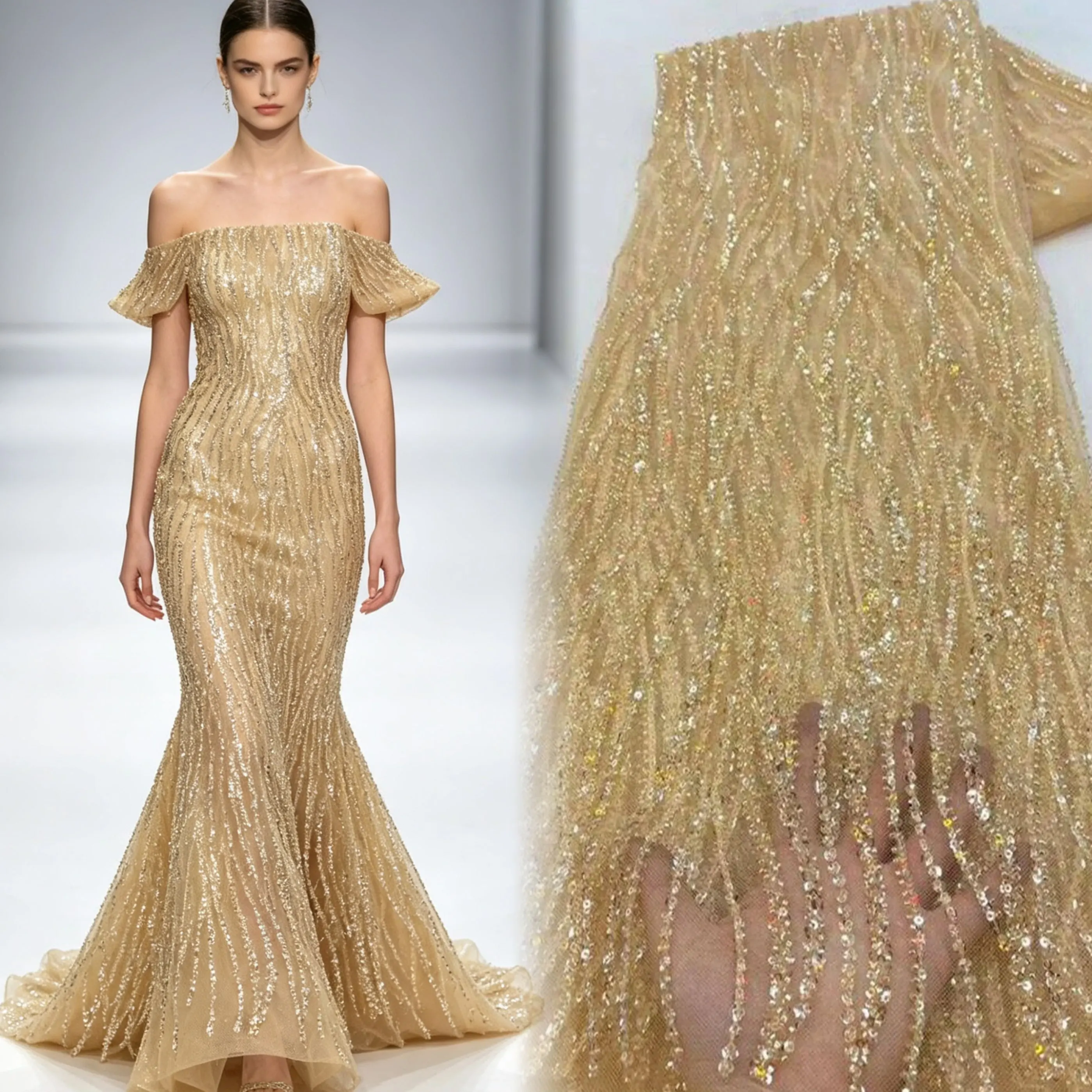 Gold Color Africa Embroidered Tulle Net Fabric with Luxury Beads High Quality Sequins for Evening Party Dress Sewing