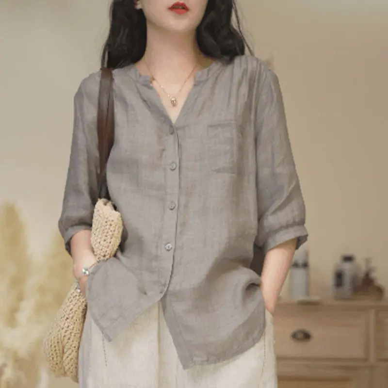 

Women's Summer Minimalist Style Vintage Ramie Button Up Shirt Solid V Neck Half Sleeve Blouse Casual Loose Tops Camisas De Mujer