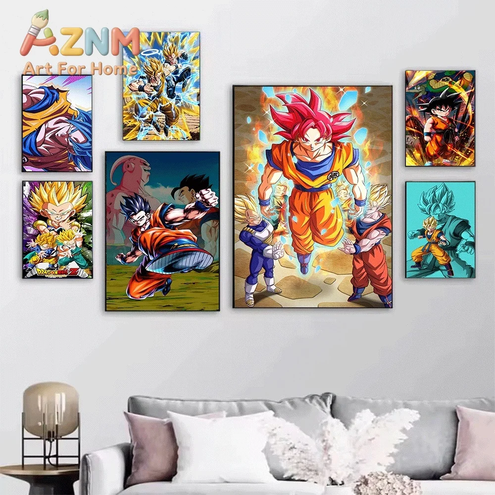 Dragon Ball Z Super Saiyan Goku Gohan Goten Vegeta Majin Buu Action Collage Canvas Painting Unframed Anime Wall Art Poster for