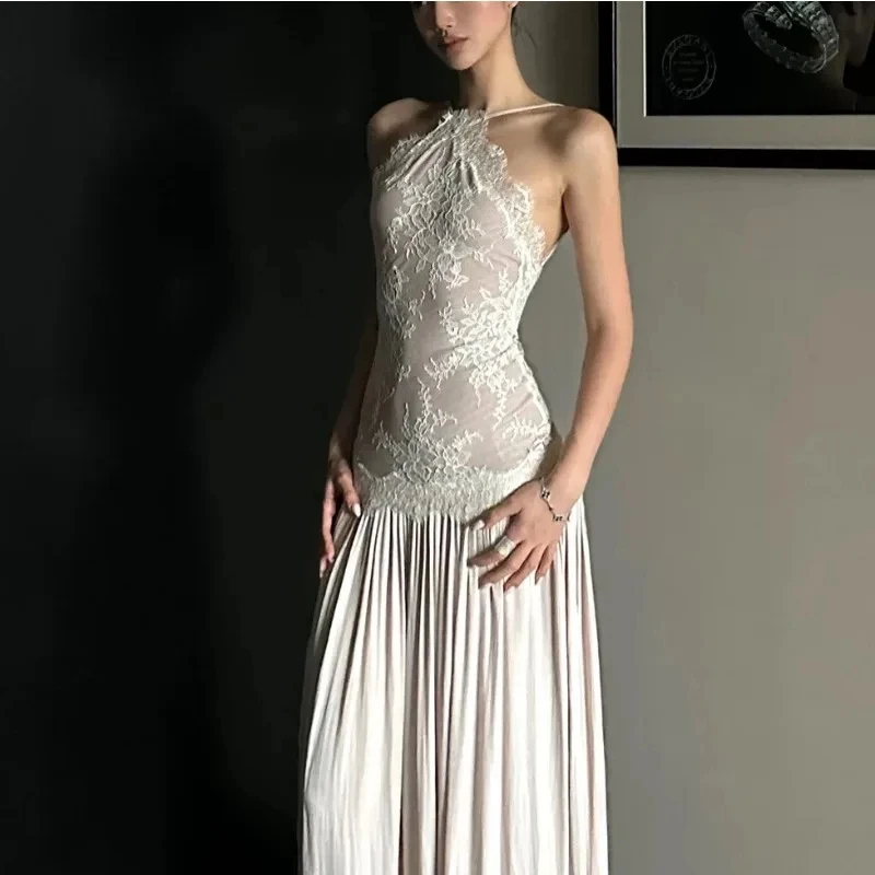 Lace Splicing Elegant Pleated Maxi Dress Women's Sexy Suspender Halter Backless Sleeveless A-line Evening Banquet Party Gow 2026